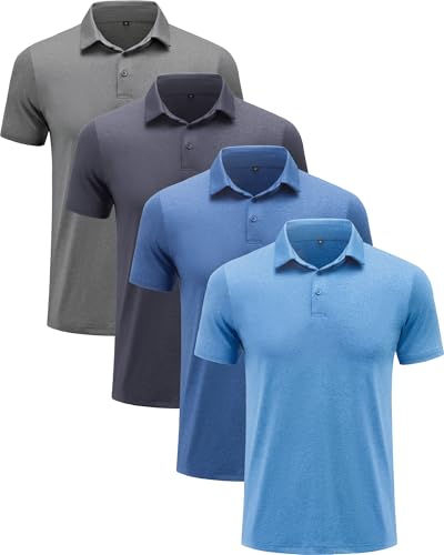 BALENNZ Golf Polos for Men Quick-Dry Athletic Mens Polo Shirts Short Sleeve Summer Casual Moisture Wicking Golf Shirt 4 Pack Dark Grey, Navy, Light Blue, Milddle Blue Large