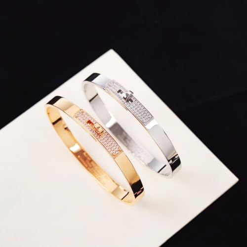 18K Gold Plated Turn Lock Bracelet with Cubic Zirconia，Classical Fashion Stainless Steel Bangle Bracelet for Men and Womens2