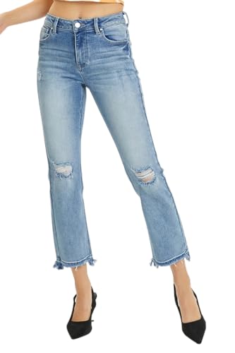 Risen Women's High Rise Distressed Cropped Straight Jeans