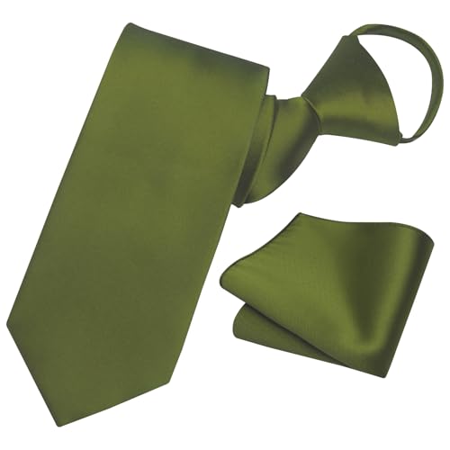 Image of YourTies Zipper Tie for Men Adjustable Pre-tied Satin Neckties and Pocket Square Set Solid Color Business Formal Wedding