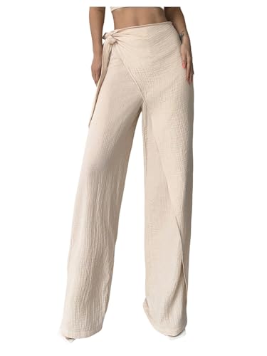 Milumia Women's Side Tie Wrap Front Long Pants High Waist Straight Leg Casual Trousers