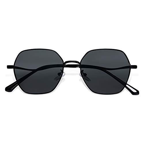 SOJOS Hexagon Square Sunglasses For Women Trendy Small Faces Octagon Gold Rim Wire Frame Geometric Polygon SJ1101 with Black Frame/Grey Lens