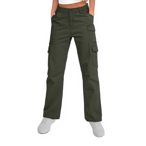 Womens Cargo Pants Elastic Waisted Wide Leg Work Hiking Casual Safari with Zipper Pockets Cotton Sun Protection Baggy Pants Grey Green