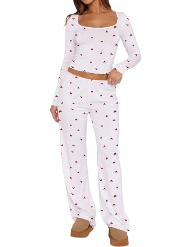 Lacozy Cute Pj Set for Women 2 Piece Long Sleeve Pajamas Set Fun Heart Print Top and Pajama Pants Y2K Soft Lounge Set S