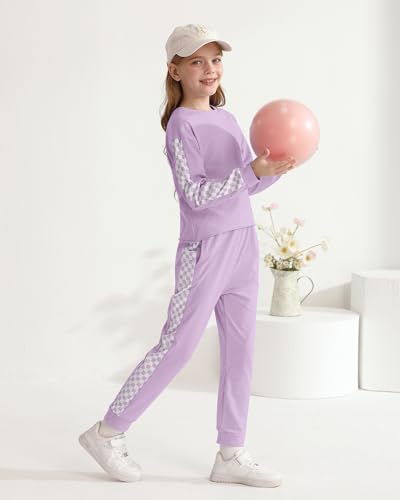 Image of SANMIO Toddler Girl Clothes 2 Piece Outfits Girls Tracksuit Activewear | Long Sleeve Crewneck Checkered Sweatshirts and Sweatpants Casual Fall Winter Clothing Set