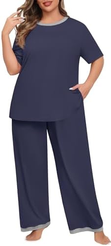 Lastshe Womens Plus Size Pajama Set 2 Piece Short Sleeve Pants Sleepwear Pjs Lounge Set Knit Soft with Pockets