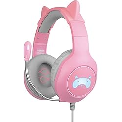 Cascos Gamer Con Orejas FRTEC - Auriculares Gaming Headset TANOOKI Rosa con Orejas de Gato Desmontable Cable y Luz LED RGB para PS5, PS4, Xbox Series, X|S, Xbox One, Nintendo Switch, PC, Mac