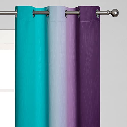Teal and Purple Gradient Curtains 63 Inch Length 2 panels, Ombre and Wavy Line Pattern Blackout Curtains for Kids Room, Full Light Blocking Thermal Insulated Grommet Drapes for Bedroom, 42x63 Inch