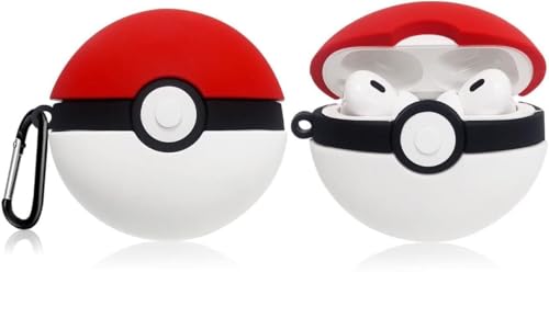 Image of Meyaar Earphone Case Cover Compatible for Realme Buds T300, Soft Silicone Skin Case Cover Shock-Absorbing Protective Case with Keychain (Front LED Visible) (Poke-Ball)