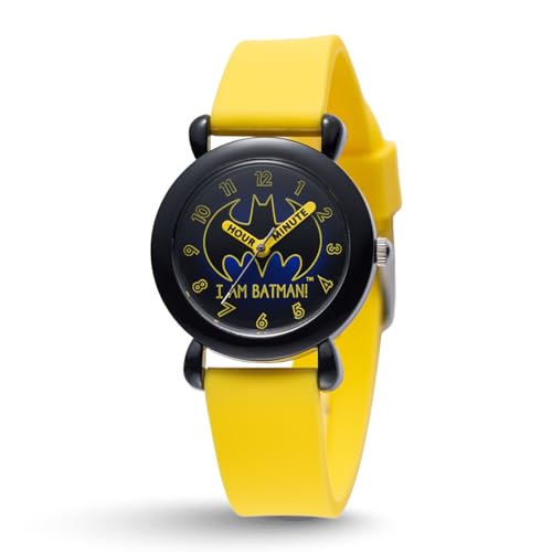 DC Comics Batman Watch for Kids Ages 4–7 – Featuring Luminous Character Dial, Easy-Read Hour & Minute Hands – Batman and Robin Toys – Watches for Toddlers – Black Bezel, Luminous Yellow Silicone Strap by WARNER BROS - Used condition - US$20.29