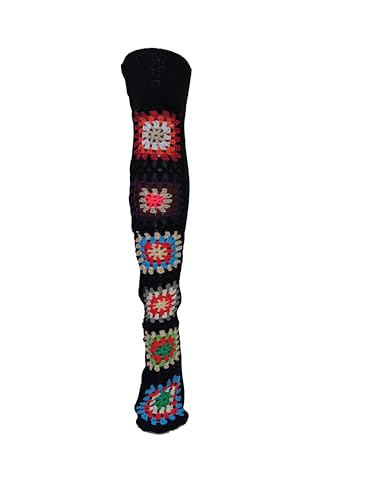 Granny Square Crochet Leg Warmers, Thigh-High Knit Stockings in Black Multi Cozy Winter Leg Warmers for Women4