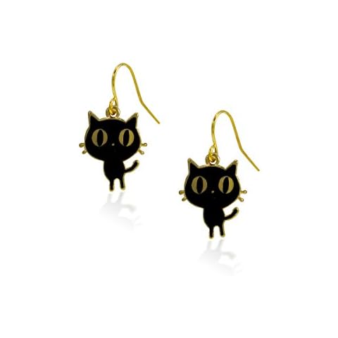 New Gold Tone Cute Black Cat Dangle Earrings for Women Teens, Nickel Free and Anti-allergic Cover