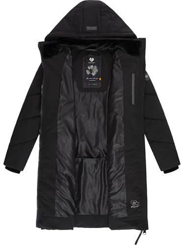 Ragwear Damen Wintermantel warmer wasserdichter Steppmantel lang mit abnehmbarer Kapuze Rebelka Black22 Gr. L