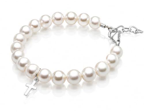 Image of Communion Bracelets | Baptism Jewelry | White Pearl Bracelet | Cross Charm