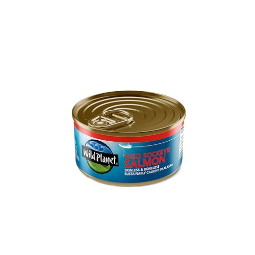 Wild Planet Wild Sockeye Salmon, Skinless and Boneless, Sea Salt, Tinned Fish, Canned Salmon, Sustainably Wild-Caught, Non-GMO, Kosher, Gluten Free, Keto and Paleo, 6 Ounce Single Unit/Can