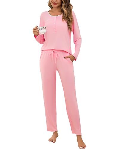 Aseniza Schlafanzug Damen Lang Baumwolle Pyjama Set Langarm Pijamas Hausanzug Winter Kuschelig Teenager Mädchen Nachtwäsche Zweiteiliger...
