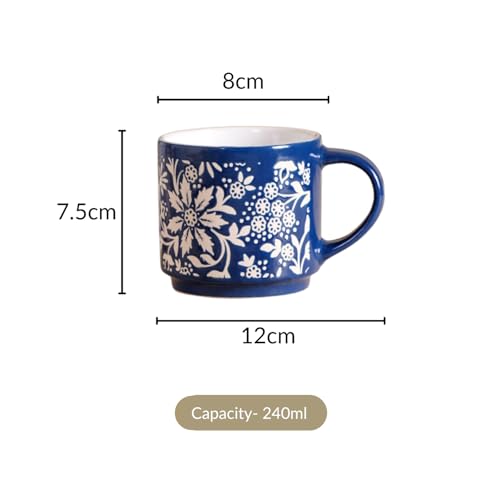 Nestasia Stackable Ceramic Cups Set of 4 (240 ml Each) | Microwave & Dishwasher Safe Tea & Coffee Cups with Glossy Finish | Ideal for Gifting (Floral Blue)