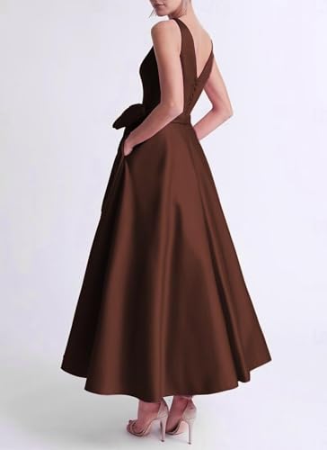 TIRAS Tea Length Mother of The Bride Dress with Pockets Satin V-Neck Sleeveless Formal Evening Dress with Bow CM4622