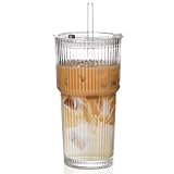 AUFXKOO 20oz Ribbed Glass Cups with Lids and Straws,1PCS Glass Tumbler with Straw and Lid,Iced Coffee Cups Drinking Glasses for Juice Whiskey Cocktail Beer