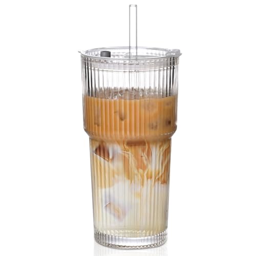 AUFXKOO 20oz Ribbed Glass Cups with...