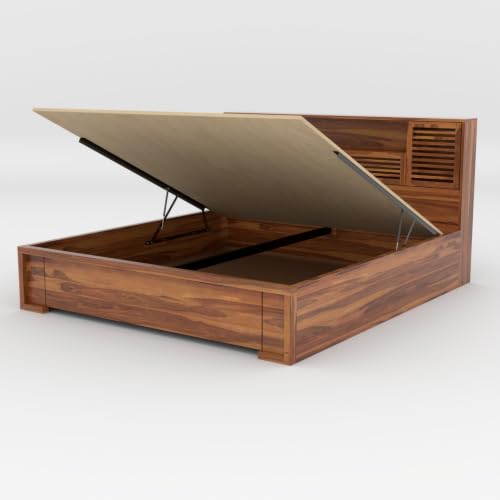 Image of Kunjal Furniture Sheesham Wood Solid Double Bed with Hydraulic Storage & Cushioned Headboard for Bedroom (Flyding Natural, King)