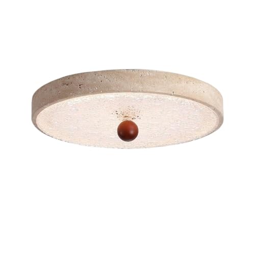 Plafonnier rond en travertin jaune et bois de noyer retro pour chambre