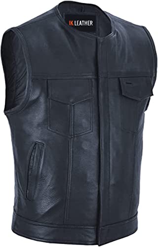 IKLeather SOA Vest for Men Leather Club Style Vest W/Concealed Gun Pockets, Cowhide Leather Biker Vest, Single Panel Back (XL)