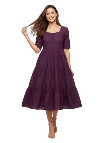 Image of Her Couture Cotton Midi Schiffli Embroidered Dress with Attached Belt