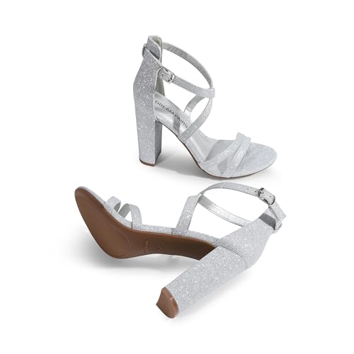 DREAM PAIRS Womens Chunky Heels 4 inch High Multi Strap Soft Comfort Block Heeled Sandals for Prom Dancing Wedding,Size 8.5,Silver,DWUMHS2501