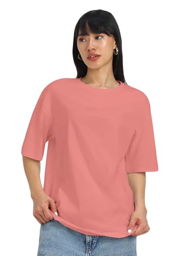 Image of JUNEBERRY Pure Cotton Oversized Baggy Fit Half Sleeve Drop Shoulder Plain Solid Round Neck T-Shirt for Women (Available in Black, White, Lilac, Cork, Maroon, Royal Blue, Swan White, Soap Nut Colors)