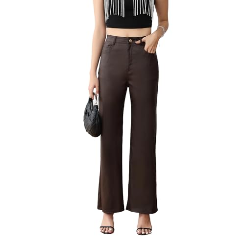 Women's Faux Leather Pants Wide-Leg Loose Flared Black Leather Pants Baggy Trousers with Buttons Pockets