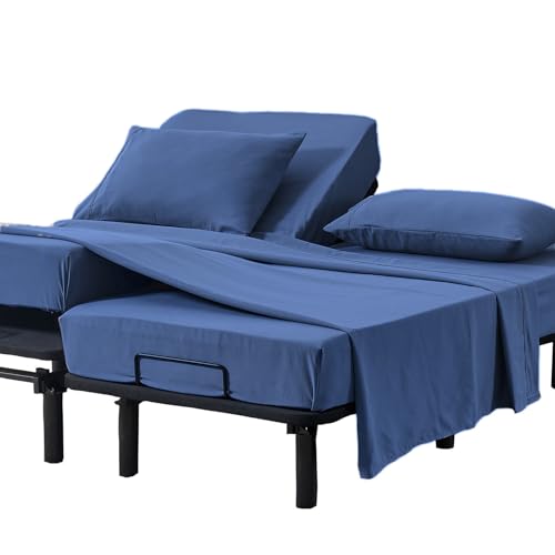 Kingnex Split Queen Sheets for Adjustable Bed Soft 1800 Microfiber 5 Pieces Include 2 30x80 Fitted Sheets 1 Flat Sheet 2 Queen Size Pillowcases Navy