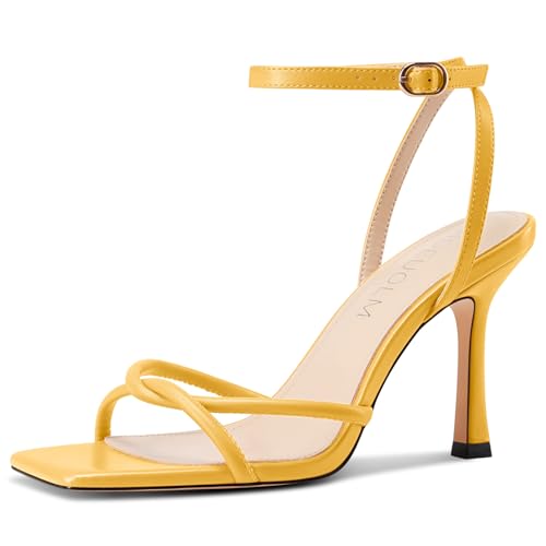 HDEUOLM Womens Strappy Heels Stiletto High Heel Square Toe Sandals Ankle Strap Prom Party Dress 3.9 Inches Heels