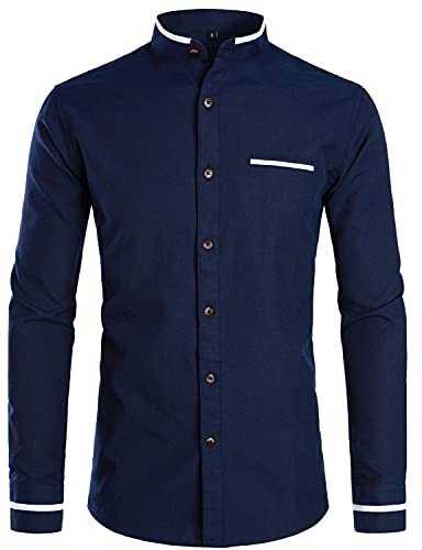 Image of ZEROYAA Mens Hipster Mandarin Collar Slim Fit Long Sleeve Casual Button Down Oxford Dress Shirt with Pocket