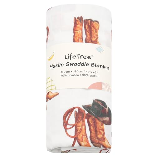 Image of LifeTree Muslin Swaddle Blankets, Western Baby Swaddles for Boys Girls Newborn, Soft Large 47 inch x 47 inch, Cowboy Boot Print Baby Blanket, 70% Viscose from Bamboo and 30% Cotton