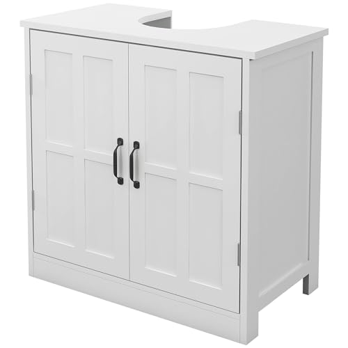 kleankin Mueble para Debajo del Lavabo Mueble de Baño Bajo Lavabo Armario Bajo del Lavabo con Estante Ajustable y Puerta Doble Carga 20 kg 60x30x60 cm Blanco