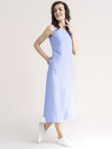 Image of FableStreet Women Casual Midi Cotton Button Down A-Line Dress | Button Down Flowly Dress Perfect for Outings