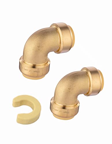 (Pack of 2) EFIELD Push-Fit 1 Inch x 1 Inch Elbow Brass Fitting to Connect Pex, Copper, CPVC with Disconnect Clip,(PF050-2PCS)