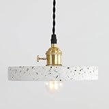 MGHRUE Suspension en Terrazzo De Type Disque, Suspension en Laiton avec Abat-Jour en Ciment Blanc, Lustre De Chevet, Luminaire E27, Suspension Décorative Industrielle pour Chambre À Coucher Et Salle