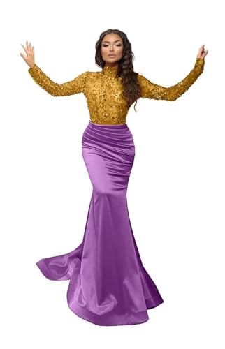 Mermaid Prom Dresses for Women Sparkly Sequins Long Sleeve Formal Evening Dress with Train High Neck LW191