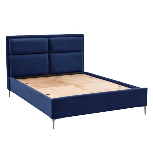 Image of Wakefit Bed | Queen (78 X 60) Solid Wood Bed, Upholstered, Without Storage, 3 Year Warranty - Zewail - Velvet Blue