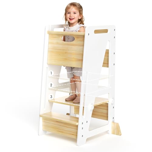 Image of OPAUL Toddler Tower Kitchen Helper Stool - 3 Level Adjustable Height Wooden Learning Step Stool for Kids, Super Sturdy with Non-Skid Feet, Safe Toddler Standing Tower for Counter(Ages 18M-6 Years)