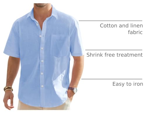 Image of J.VER Mens Linen Shirt Short Sleeve Big Tall Button Down Casual Shirts | Summer, Cotton Linen, Lightweight, for Beach Camp Vacation, Cruise Fishing, Work Office, Wedding Party Family, with Pocket