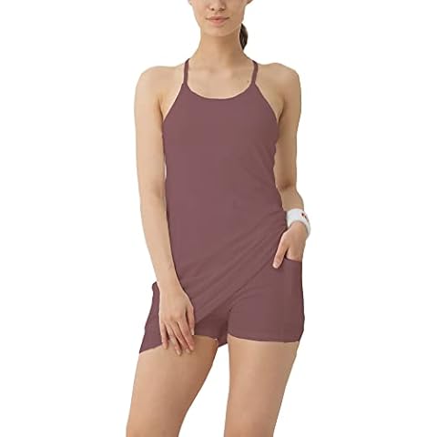 Women's Exercise Sleeveless Dress Tennis Golf Workout Dress with Pockets Built-in Shorts & Bra Yoga Sports Athletic Dress, Red Bean, X-Large Cover
