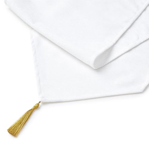 Image of Encasa XO Fine Chenille Table Runner for Dining with V-End and Tassels, 4 Seater Size 32x150 cm - White | Decorative Cloth for Party, Wedding, Home, Cafes, Restaurants & Hotels