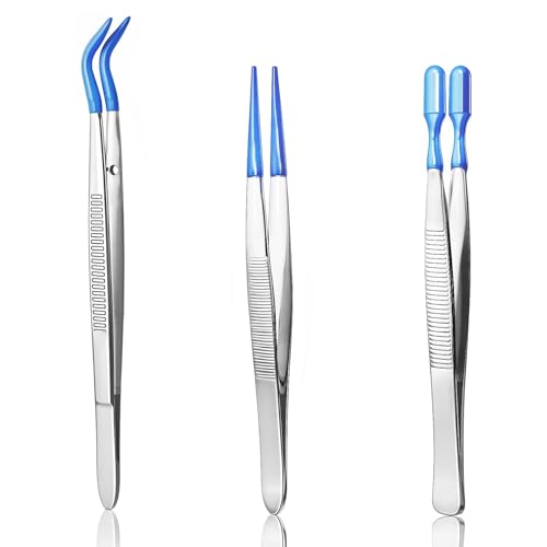 3 PCS Tweezers with Rubber Tips PVC Coated Set Precision Rubber Straight Flat Tip Long Bent Tweezers for Crafts Stamps Beads Jewelry Blue