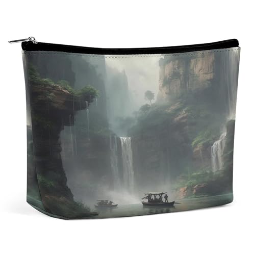 Bolsa de maquillaje, bolsa de viaje para cosméticos, bolsa de aseo portátil con diseño de barco y cascada, bolsa de gran capacidad con cremallera, estuche organizador de maquillaje, bolsa de aseo impe