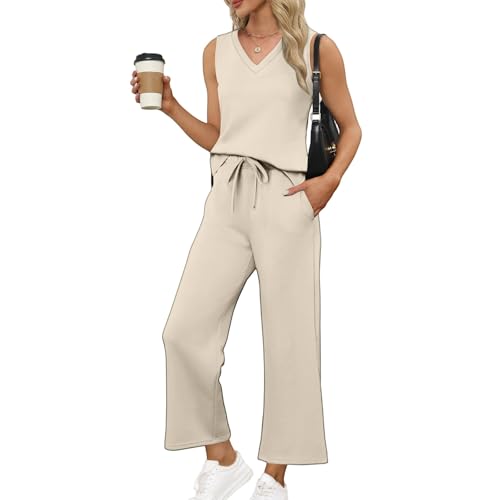 Topassion Zweiteiler Damen Ärmellose/Kurzarm Hosen Mit Weites Bein Hosenanzug 2 Teilig Leicht Tshirt Und Hose Elegant Sommeranzug Casual Sommer Outfits Bequem Jogginganzug Business Anzug(Beige,M)