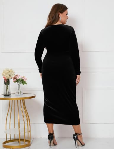 Image of ZOMVA Plus Size Velvet Wrap Dress Ruched Bodycon Dress Long Sleeves Ruffle Long Elegant Party Wedding Guest Cocktail Holiday