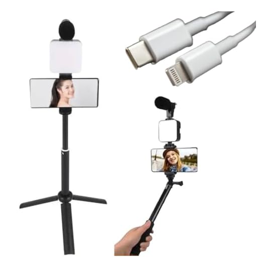 White Isle Mid Height Smartphone Vlogging kit, for Apple & Android, Includes USB-C & iPhone Lightning Cable, YouTube Starter Kit, Podcast Equipment, Tripod, Shotgun Mic, led Light, Phone Holder